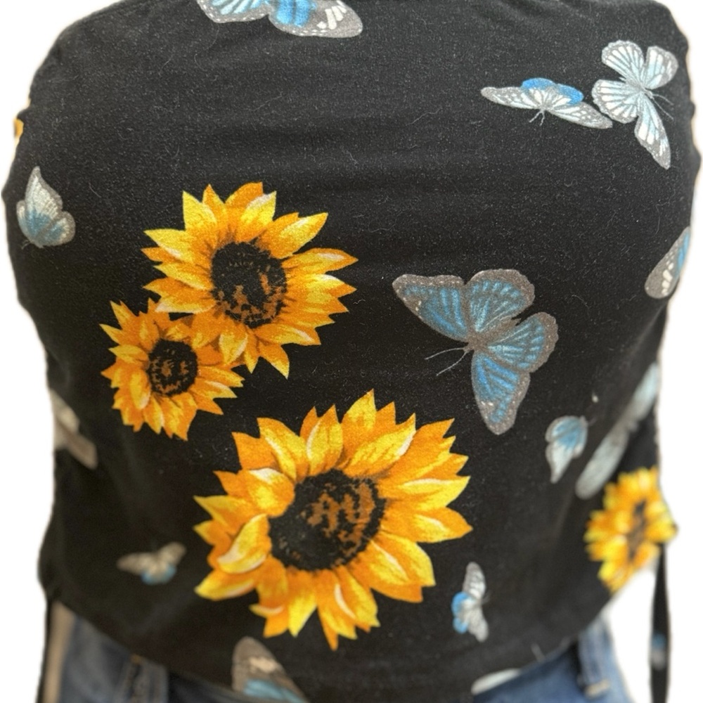 Sunflower and Butterfly Print Black Tank Top